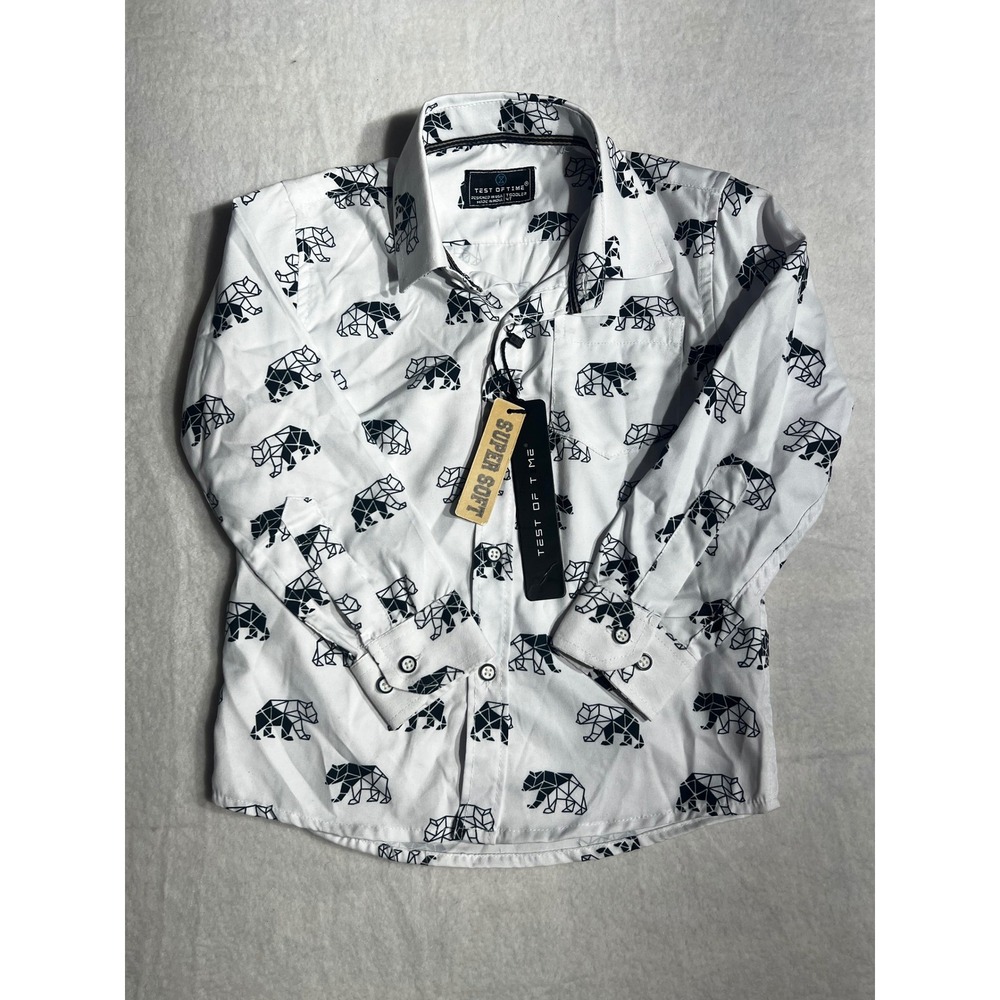 Test of Time Toddler Boys White Geometric Bear Print Button Down Shirt 4T NWT